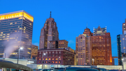 Wall Mural - Tall buildings in Detroit downtown in blue hour
