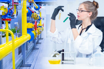 Laboratory tests in production. A woman chemist on the background of the enterprise shop. Checking raw materials for production. Quality of products.