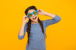 © be free - just having fun. pretty kid with braided brunette hair. trendy summer vacation accessory. beauty and fashion. child in sunglasses. happy childhood. wearing casual glasses. cheerful teenage girl