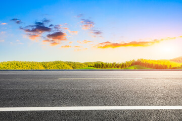 Country asphalt road and green tea plantation with bamboo forest natural landscape.