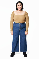 Sticker - Women's brown top and jeans plus size fashion studio shot