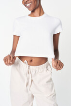 Women&#39;s White Crop Top With Sweatpants Minimal Outfit