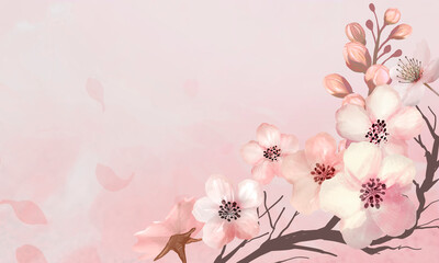 Wall Mural - Hand drawn cherry blossoms on a pink background