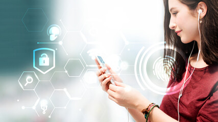 Poster - Cheerful woman watching an online video from her phone