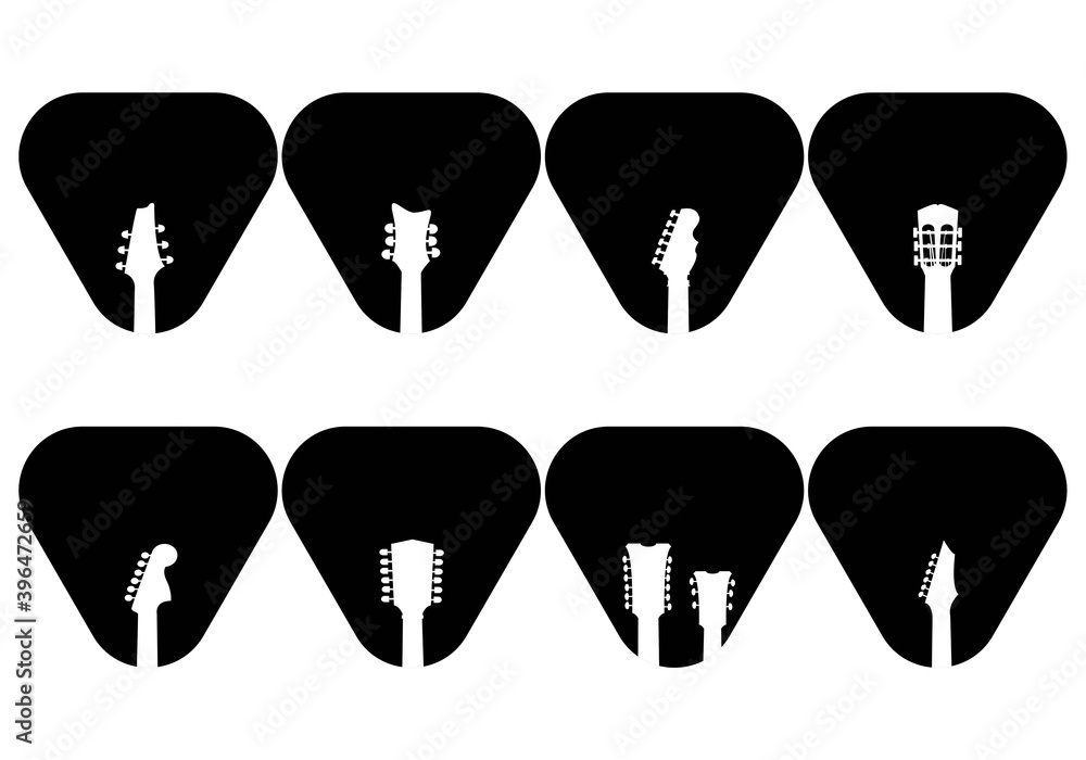 Logos for musical instrument stores, shops, recording studios, labels. Silhouette of guitar neck and plectrum set shape
vector eps 10