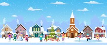 Happy New Year And Merry Christmas Winter Old Town Street. Christmas Town City Panorama. Santa Claus With Deers In Sky Above The City. Vector Illustration In Flat Style