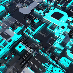 Wall Mural - 3d glowing blue technical quantum computer circuit board with inegrated chips