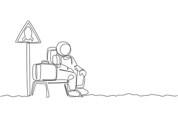 One single line drawing of young happy astronaut siting in rocket stop chair beside rocket sign board graphic vector illustration. Cosmonaut outer space concept. Modern continuous line draw design