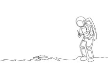 One Continuous Line Drawing Of Astronaut Playing Speed Boat Radio Control In Moon Cosmic Galaxy. Outer Space Hobby And Lifestyle Concept. Dynamic Single Line Draw Design Vector Graphic Illustration