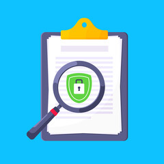 Wall Mural - Privacy policy, safety lock and data protection metaphor. Shield with padlock on the clipboard with personal data security protection symbol flat style design vector illustration.
