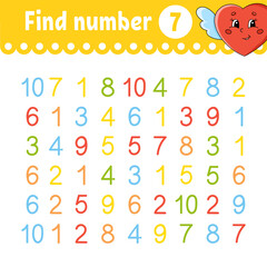 Wall Mural - Find number. Education developing worksheet. Activity page with pictures. Game for children. Color isolated vector illustration. Funny character. Cartoon style.