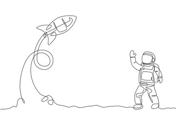 Wall Mural - One continuous line drawing of spaceman astronaut science at moon land waving hand to take off rocket. Cosmonaut exploration of outer space concept. Dynamic single line draw design vector illustration