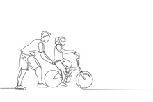 Single Continuous Line Drawing Of Young Kids Girl Learning Ride Bicycle With Father At Outdoor Park. Parenthood Lesson. Family Time Concept. Trendy One Line Draw Graphic Design Vector Illustration
