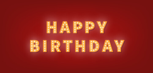 Wall Mural - Happy Birthday gold marquee text. 3d light bulb Happy Birthday greeting card