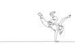 One continuous line drawing of young sporty break dancer woman show hand stand hip hop dance style in the street. Urban lifestyle sport concept. Dynamic single line draw design vector illustration