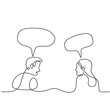 © ngupakarti - Continuous line drawing of man and woman having conversation with speech bubbles. Young couple sitting and Having small talk at home hand-drawn line art on white background. Communication concept