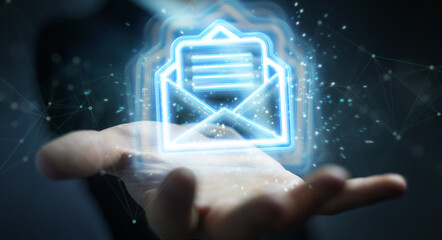 Fototapete - Man using digital email blue holographic interface 3D rendering