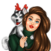 Beautiful Girl With Husky Dog. Hand Drawn Christmas Illustration