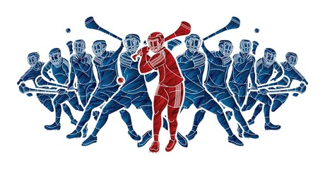 Group of Hurling sport players action. Irish Hurley sport cartoon graphic vector.