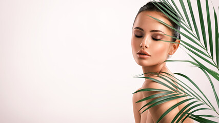 Wall Mural - young beautiful woman with green leaves near body. skin care beauty treatments concept. closeup girl