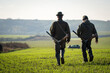 Couple of gamekeepers walk over cultivated field looking for a prey.