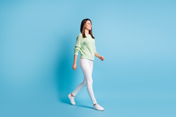 Wall Mural - full body profile side photo of pretty girl go empty space isolated over blue color background