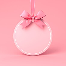 Blank Round Sign Hanging With Pink Pastel Color Ribbon Bow Isolated On Pink Background Minimal Conceptual 3D Rendering
