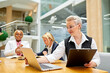 © Roman - business lady working on laptop in office, while her diverse interracial group of partners colleagues work in the background. focus on woman, portrait