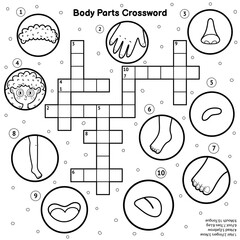 Wall Mural - Black and white body parts crossword. My body learning activity and coloring page