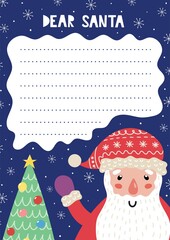 Wall Mural - Letter to Santa Claus template with a funny winter character and a tree. Christmas wish list A4