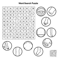 Wall Mural - Black and white body parts word search puzzle. Colorong page and educational game for kids