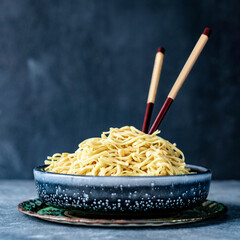 Wooden chopsticks in a noodle bowl