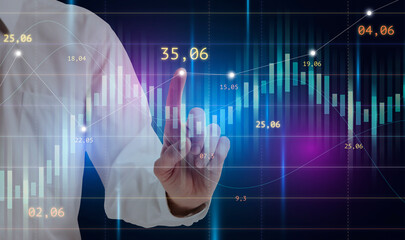 Poster - Unrecognizable Businessman Pointing At Digital Interface With Financial Chart, Creative Collage