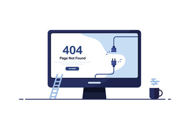 Vector illustration with 404 error on screen monitor computer PC. Browser page site. Broken website. Flat icon concept. Template, layout, mockup for banner. Blue
