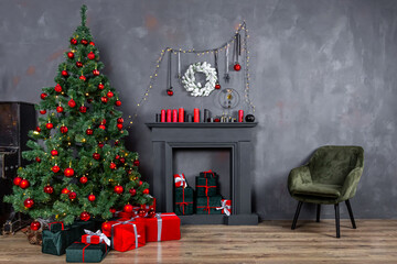 Christmas living room interior design with xmas tree decorated garland and ball, presents, gifts, fireplace and candles