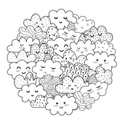 Canvas Print - Doodle clouds circle shape pattern for coloring book. Black and white print