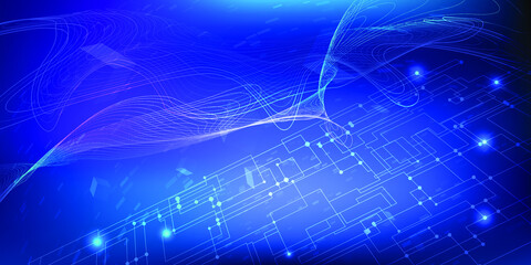 Wall Mural - Futuristic digital big data technology data block flying in blue digital world with circuit floor and line connecting wave shape.Vector illustrations.