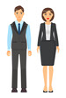 © robu_s - Isolated cartoon characters, stylish businesspeople wearing office suits. Businessman in vest, blue shirt, tie and trousers. Businesswoman wear grey jakcet, white blouse, skirt. Dresscode of workers