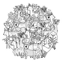 Circle Shape Coloring Page With Funny Deers. Reindeers Black And White Print