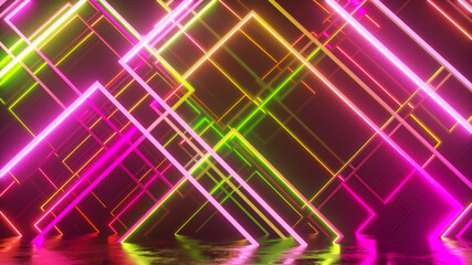 Wall Mural - Movement of glass neon blocks. Modern ultraviolet lighting. 3d illustration