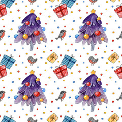 Sticker - Seamless pattern with watercolor Christmas tree and bullfinches - background for winter holidays textile or wrapping paper design