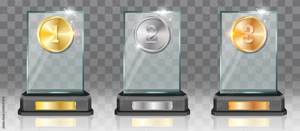 Acrylic glass trophy award mockup set, vector illustration isolated on transparent background. First, second, third place prize plaque templates. Gold, silver and bronze medals, desk winner awards. - obrazy, fototapety, plakaty 