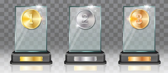 Acrylic glass trophy award mockup set, vector illustration isolated on transparent background. First, second, third place prize plaque templates. Gold, silver and bronze medals, desk winner awards.