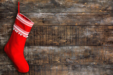Red Christmas Stocking Wooden Background Rustic Surface