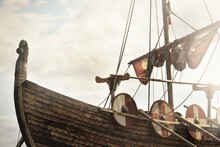 Old Wooden Viking Snekkja Longship Type, Close-up. Nautical Vessel, Tall Ship, Traditional Craft, Vintage, Landmark, History, Past, Historical Reenactment, Nordic Culture