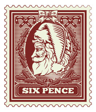 Santa Claus Christmas Letter Postage Mail Stamp In A Retro Vintage Woodcut Style.