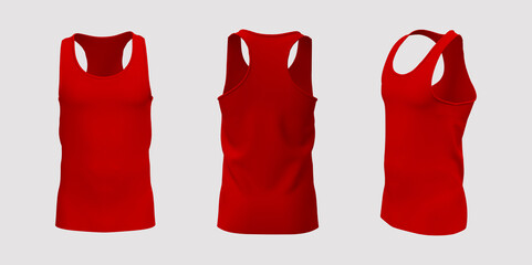 Blank sleeveless t-shirt mockup in front, side and back views, design presentation for print, 3d illustration, 3d rendering