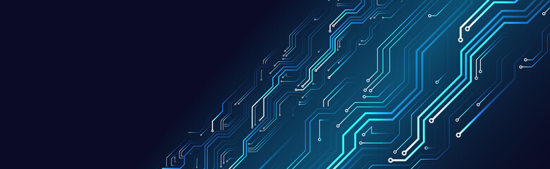 Wall Mural - Hi tech circuit board design innovation concept. Abstract futuristic wide communication vector illustration. Sci fi technology on the blue background.