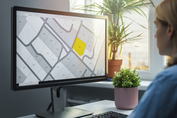 Wall Mural - woman working with digital land registry database on computer in office