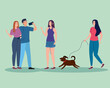 © Gstudio - Women with dog and couple taking selfie design, Outdoor activity theme Vector illustration